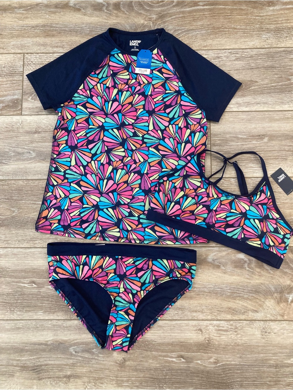 Lands' End Girls' Navy Floral Multicolor Rashguard Set